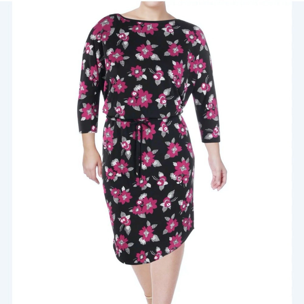 NWT Ralph Lauren Purple Black‎ Floral Tie Waist 3/4 Sleeve Stretch Dress Size 1X